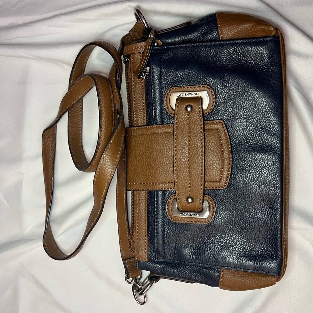 Tignanello Navy and Brown Leather Crossbody Bag